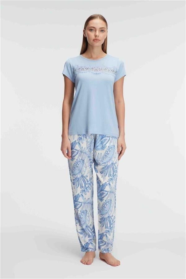 Arias Closet Kısa Kol Bisiklet Yaka Kadın Viskon Çiçek Desenli Yazlık ÖRME Dantel Detaylı Pijama Takımı