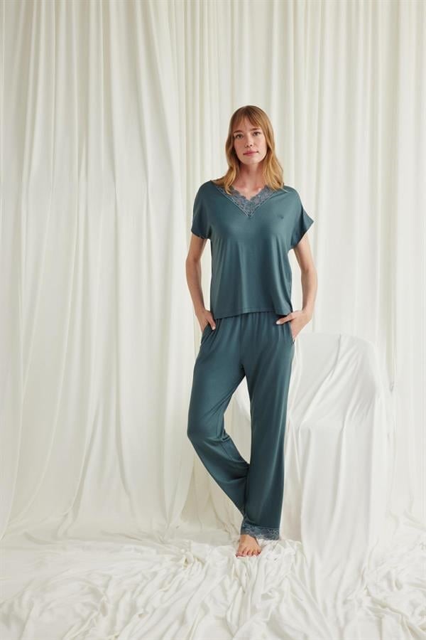 Arias Closet Kısa Kollu V Yakalı Dantelli Pijama Takımı