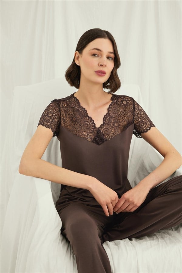 Arias Closet Kısa Kollu ve Dantelli V Yaka Pijama Takımı
