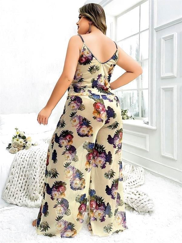 Arias Closet Özel Tasarım Büyük Beden Çiçek Desenli İnce Askılı 2'li Pijama Takımı