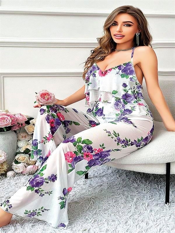 Arias Closet Özel Tasarım Büyük Beden Çiçek Desenli Fırfırlı 2'li Pijama Takımı