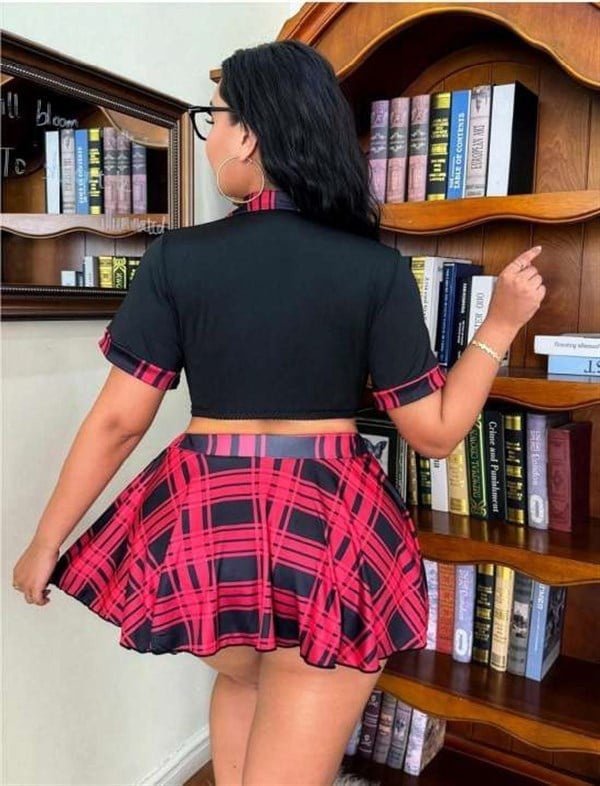 Arias Closet Özel Tasarım Büyük Beden Ekose Mini Etekli Bolerolu Fantezi Liseli Kostümü