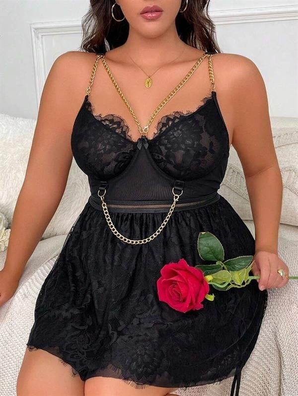 Arias Closet Özel Tasarım Büyük Beden Fantezi Zincir Detaylı Dantelli Gecelik