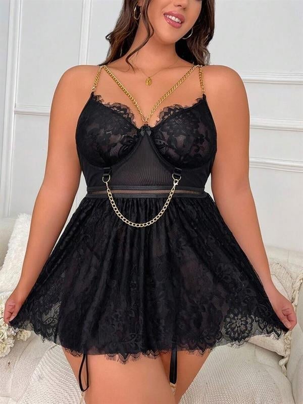Arias Closet Özel Tasarım Büyük Beden Fantezi Zincir Detaylı Dantelli Gecelik