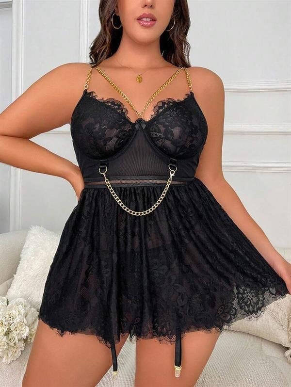 Arias Closet Özel Tasarım Büyük Beden Fantezi Zincir Detaylı Dantelli Gecelik