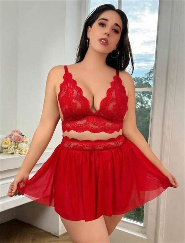 Arias Closet Özel Tasarım Büyük Beden Kırmızı Dantel İşlemeli Dekolteli Fantezi Etekli Sütyen Takımı
