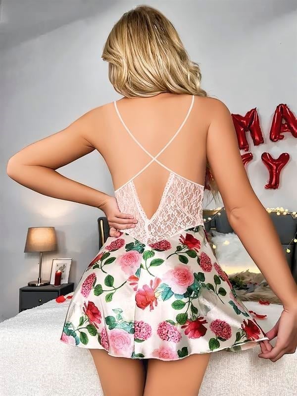 Arias Closet Özel Tasarım Gül Desenli İnce Askılı Dantel İşlemeli Mini Saten Gecelik