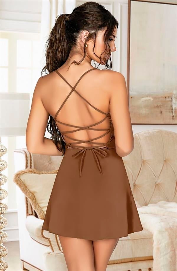 Arias Closet Özel Tasarım İnce Askılı Sırt Dekolteli Kahverengi Mini Saten Gecelik