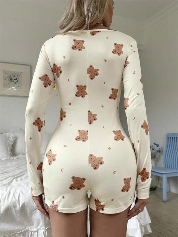 Arias Closet Pamuklu Ekru Ayıcık Desenli Düğmeli Tulum Pijama
