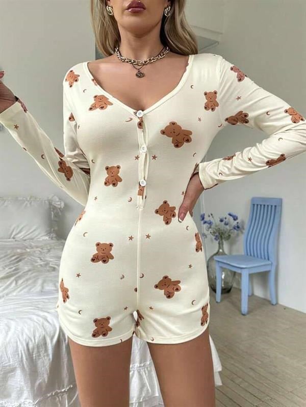 Arias Closet Pamuklu Ekru Ayıcık Desenli Düğmeli Tulum Pijama