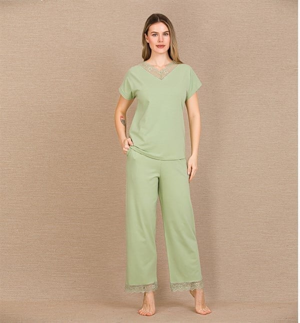 Arias Closet Pamuklu Şık Tasarım Dantel İşlemeli Yeşil Kısa Kol Pijama Takımı