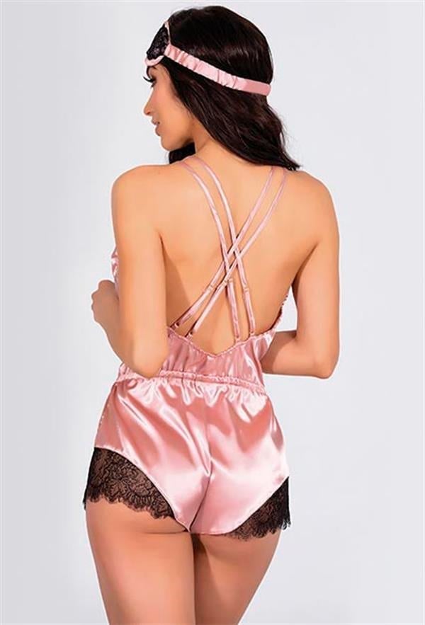 Arias Closet Pembe Dantelli Sırtı Çapraz Saten Şort Tulum