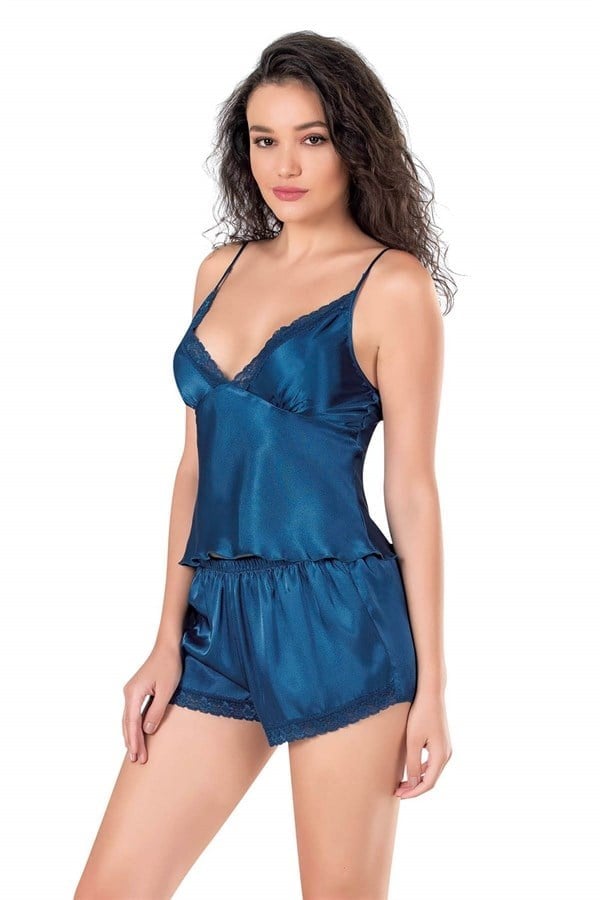 Arias Closet Petrol Mavi Saten Babydoll Şort Takımı