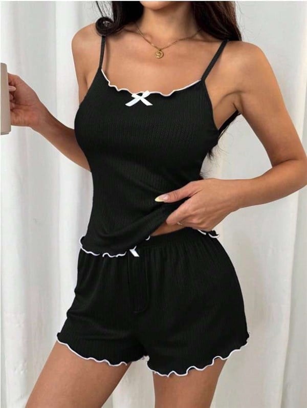 Arias Closet Siyah Beyaz Kurdelalı Askılı Şortlu Pijama Takımı