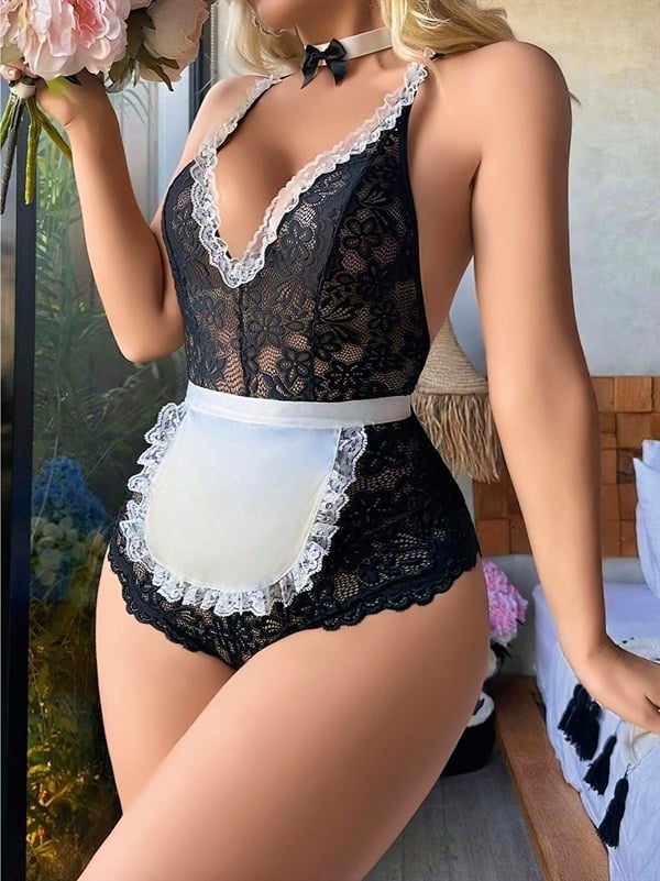 Arias Closet Siyah Dantel İşlemeli Kurdelalı Fransız Hizmetçi Kostümü