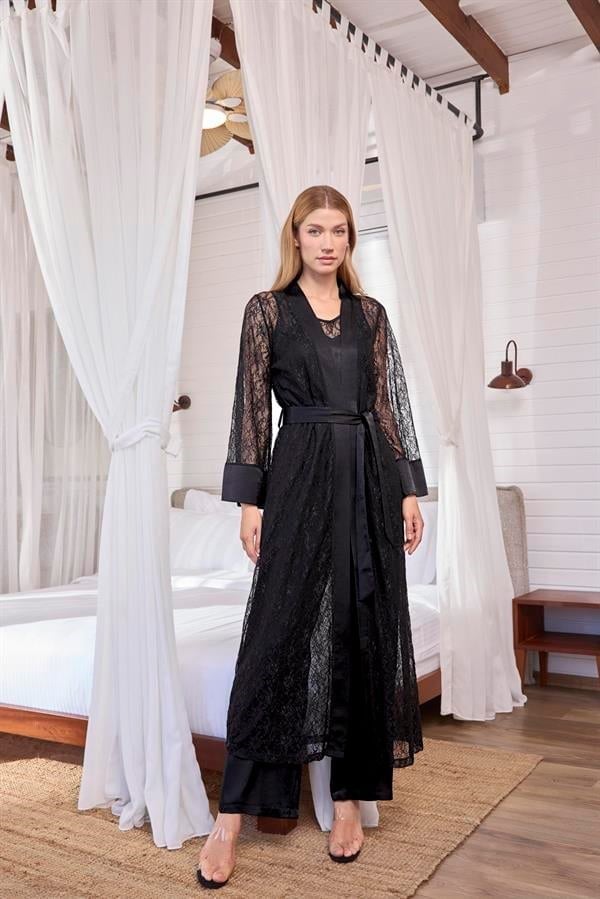 Arias Closet Uzun Kollu Dantelli ve Kuşaklı Sabahlık