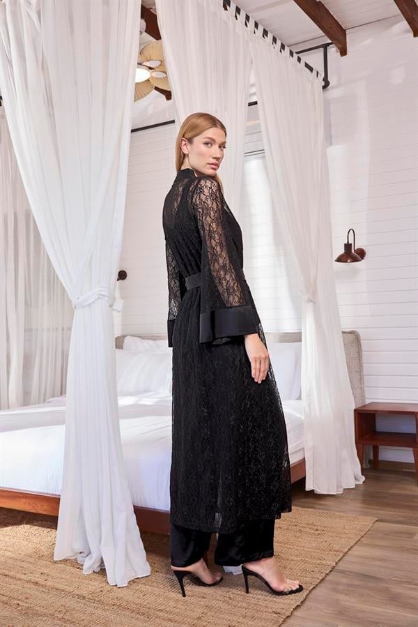 Arias Closet Uzun Kollu Dantelli ve Kuşaklı Sabahlık