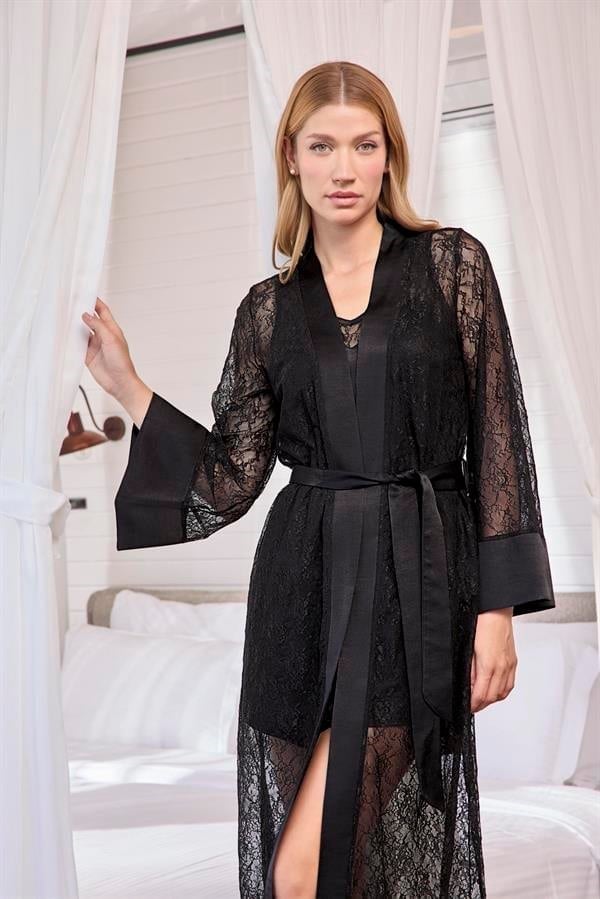 Arias Closet Uzun Kollu Dantelli ve Kuşaklı Sabahlık