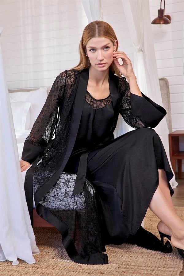 Arias Closet Uzun Kollu Dantelli ve Kuşaklı Sabahlık