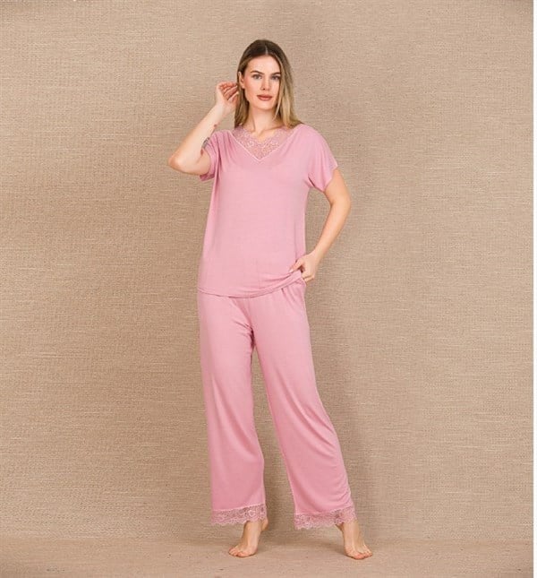 Arias Closet Viskon Şık Tasarım Dantel İşlemeli Pembe Kısa Kol Pijama Takımı