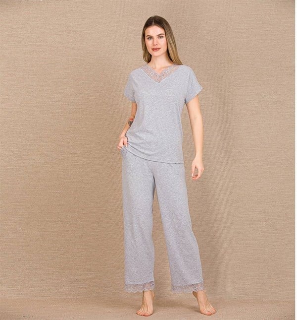 Arias Closet Viskon Şık Tasarım Dantel İşlemeli Gri Kısa Kol Pijama Takımı