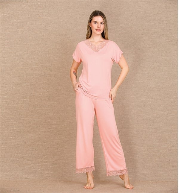 Arias Closet Viskon Şık Tasarım Dantel İşlemeli Açık Pembe Kısa Kol Pijama Takımı