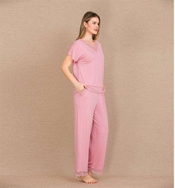 Arias Closet Viskon Şık Tasarım Dantel İşlemeli Pembe Kısa Kol Pijama Takımı