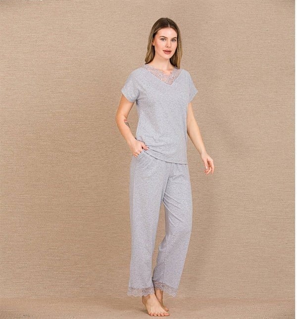 Arias Closet Viskon Şık Tasarım Dantel İşlemeli Gri Kısa Kol Pijama Takımı