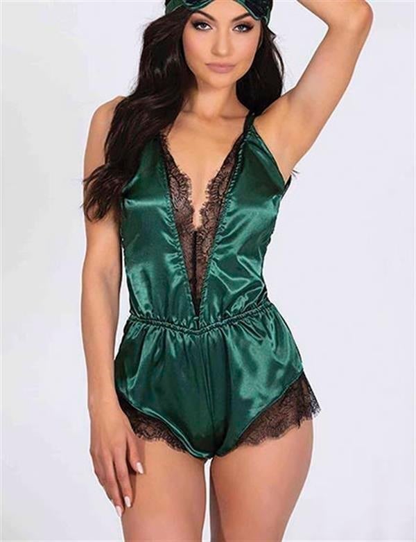Arias Closet Yeşil Dantelli Sırtı Çapraz Saten Şort Tulum