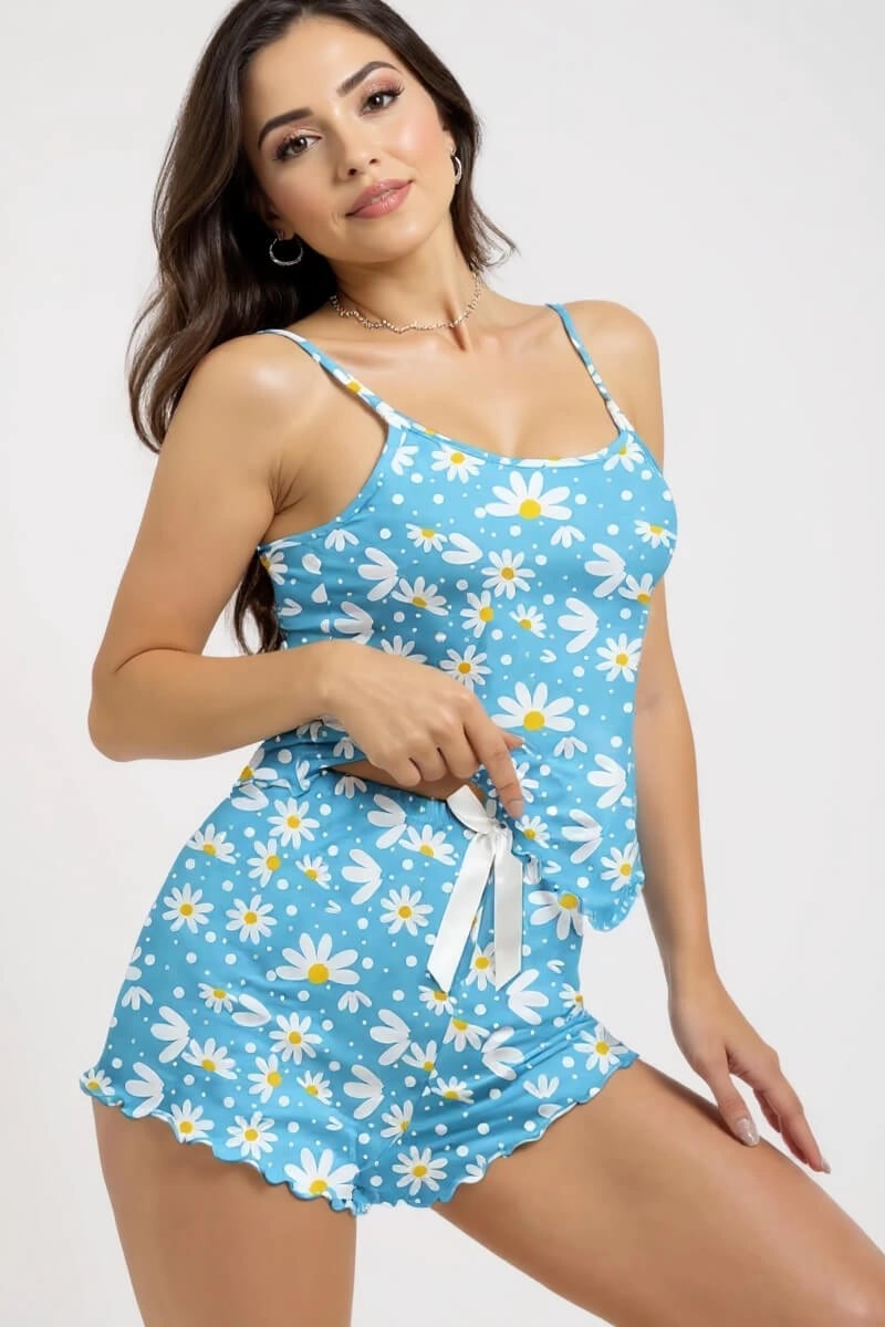 Papatya Baskılı Mavi Askılı Şortlu Pijama Takımı