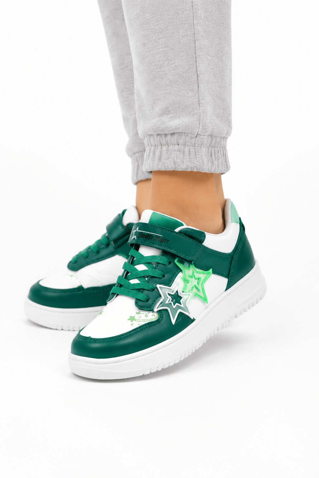 Cilt Faylon Taban Yıldızlı Sneaker Çocuk Spor Ayakkabı BEYAZ - YEŞİL