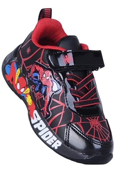 Çocuk Ortopedik Örümcek Adam Desenli Işıklı Spor Ayakkabısı SİYAH - KIRMIZI