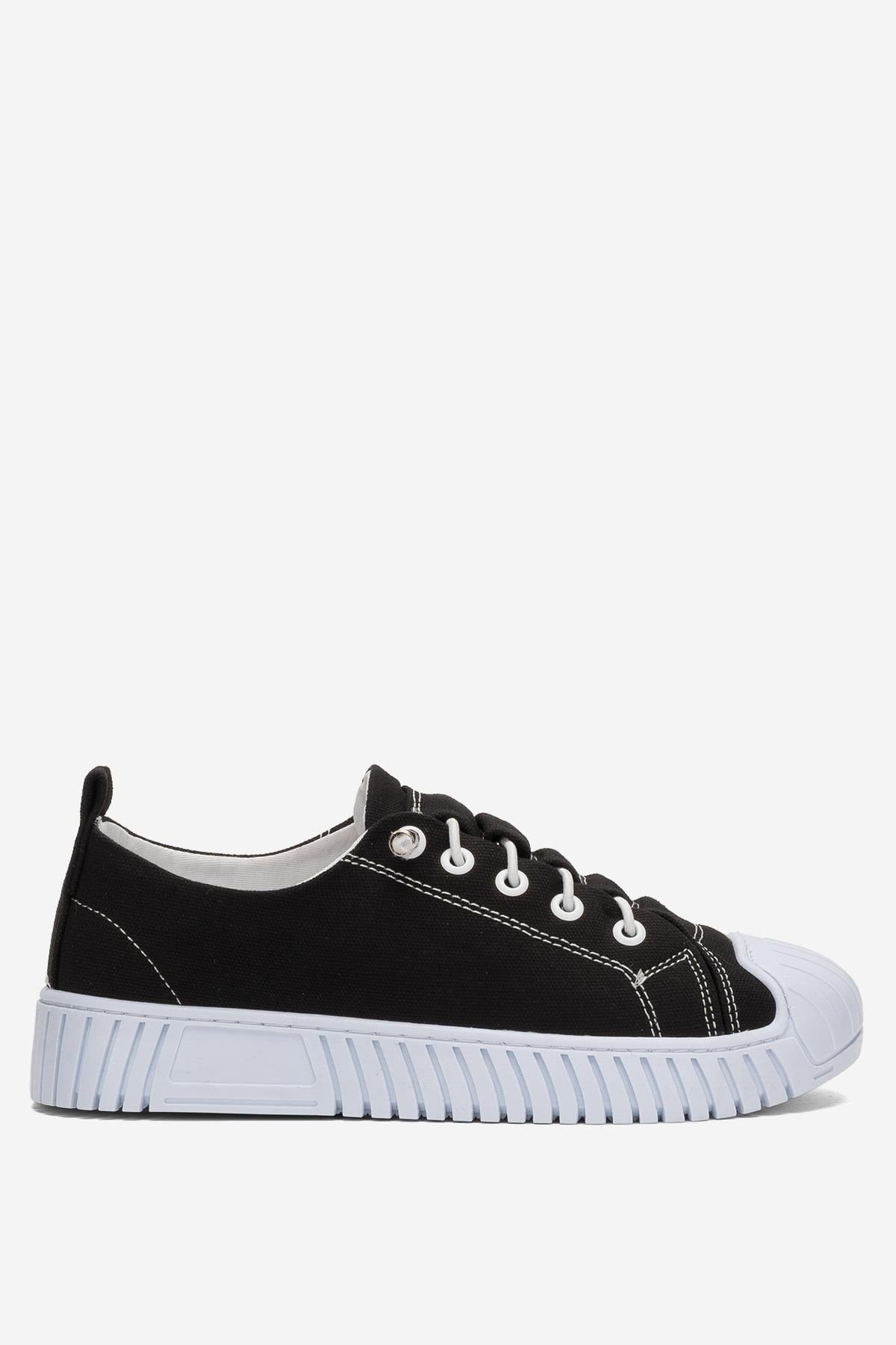 Kadın Kolay Giyilebilir Lastik Bağcıklı Spor Keten Sneaker Ayakkabı SİYAH - BEYAZ