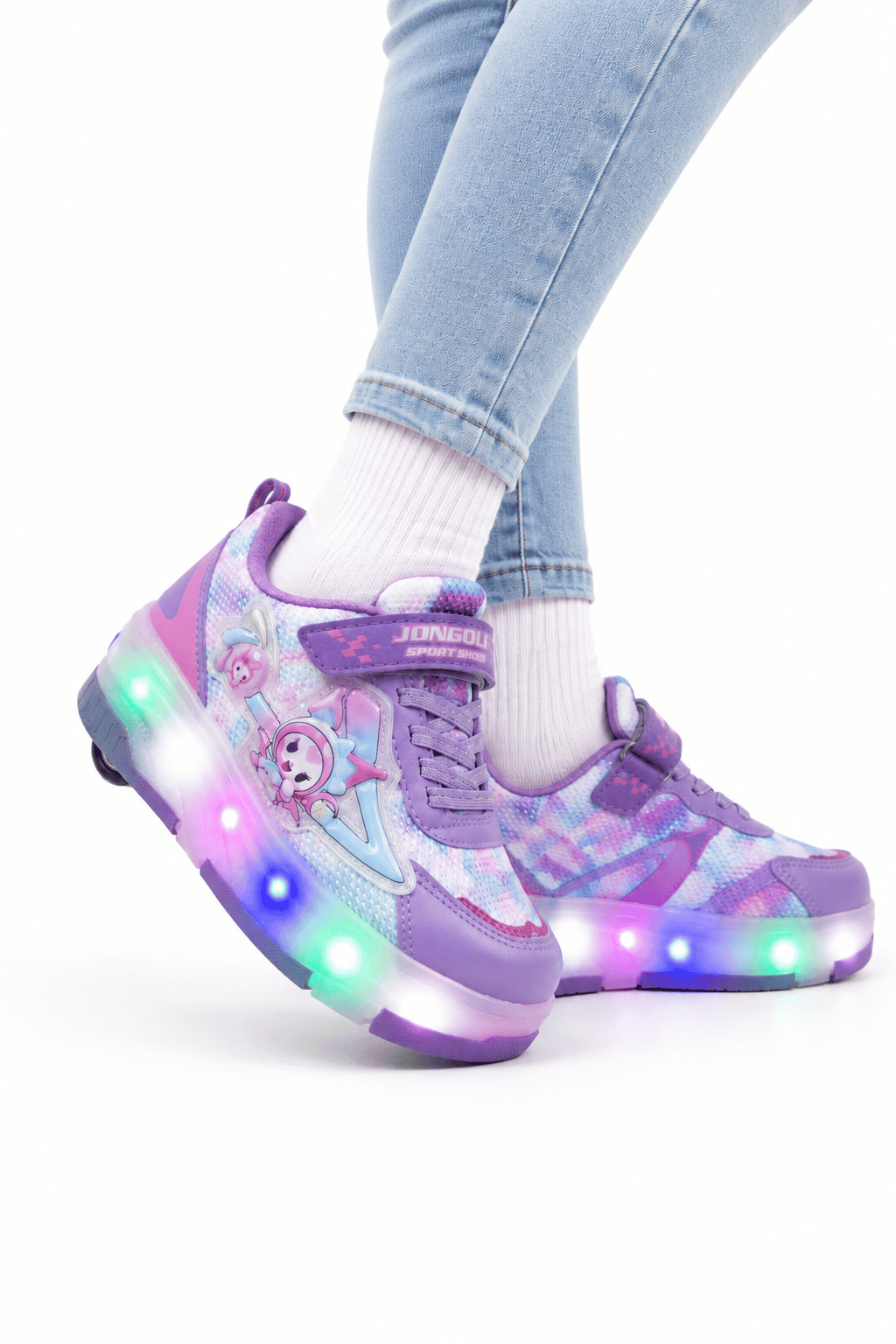 Patenli Işıklı Tekerlekli Spor Sneaker Paten Ayakkabı Pembe-Lila