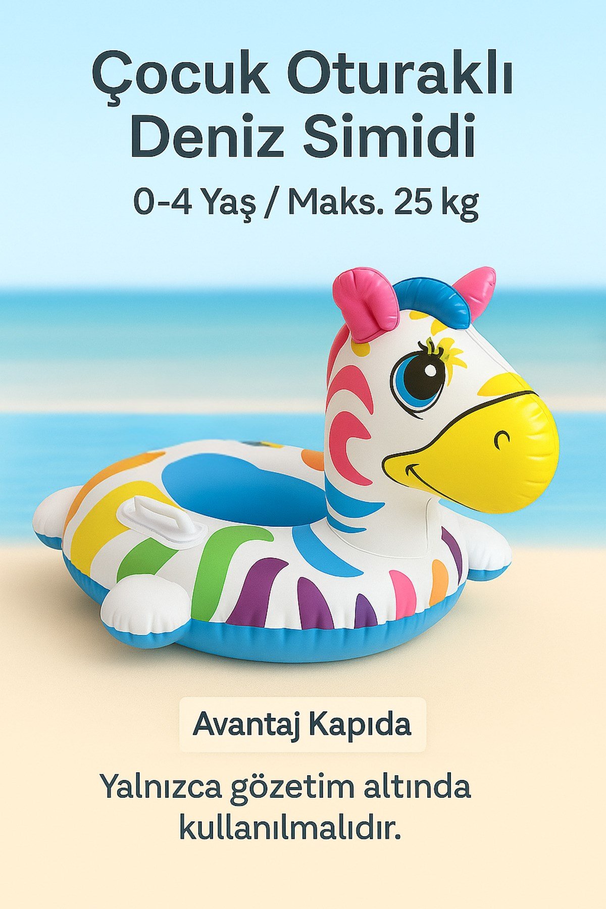 0-4 Yaş Desenli Oturaklı Çocuk Deniz Simidi Şişme Tutma Kulplu 25kg Havuz