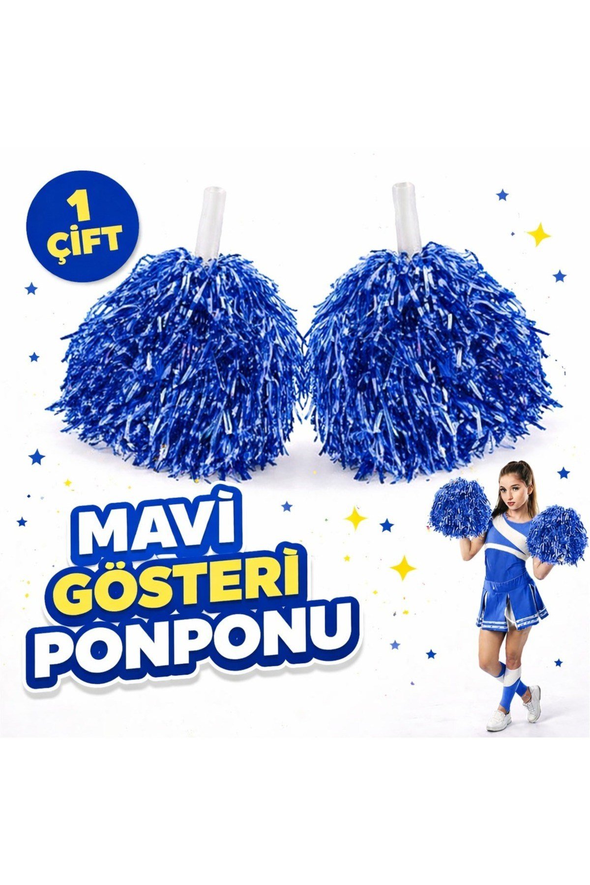 1 Çift ( 2 Adet ) Mavi Renk 23 Nisan 19 Mayıs 29 Ekim Okul Gösteri Ponponları Ekstra Dolgun