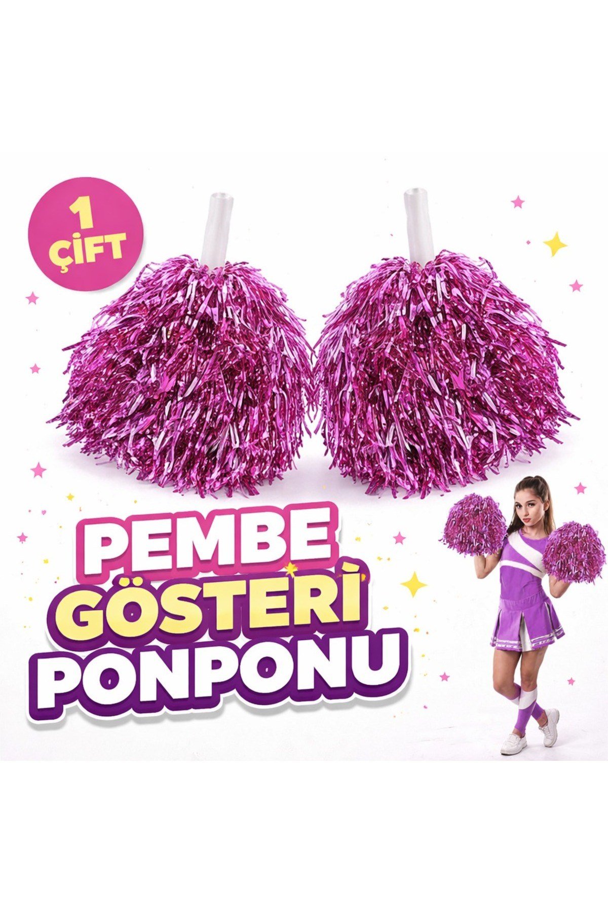 1 Çift ( 2 Adet ) Pembe Renk 23 Nisan 19 Mayıs 29 Ekim Okul Gösteri Ponponları Ekstra Dolgun