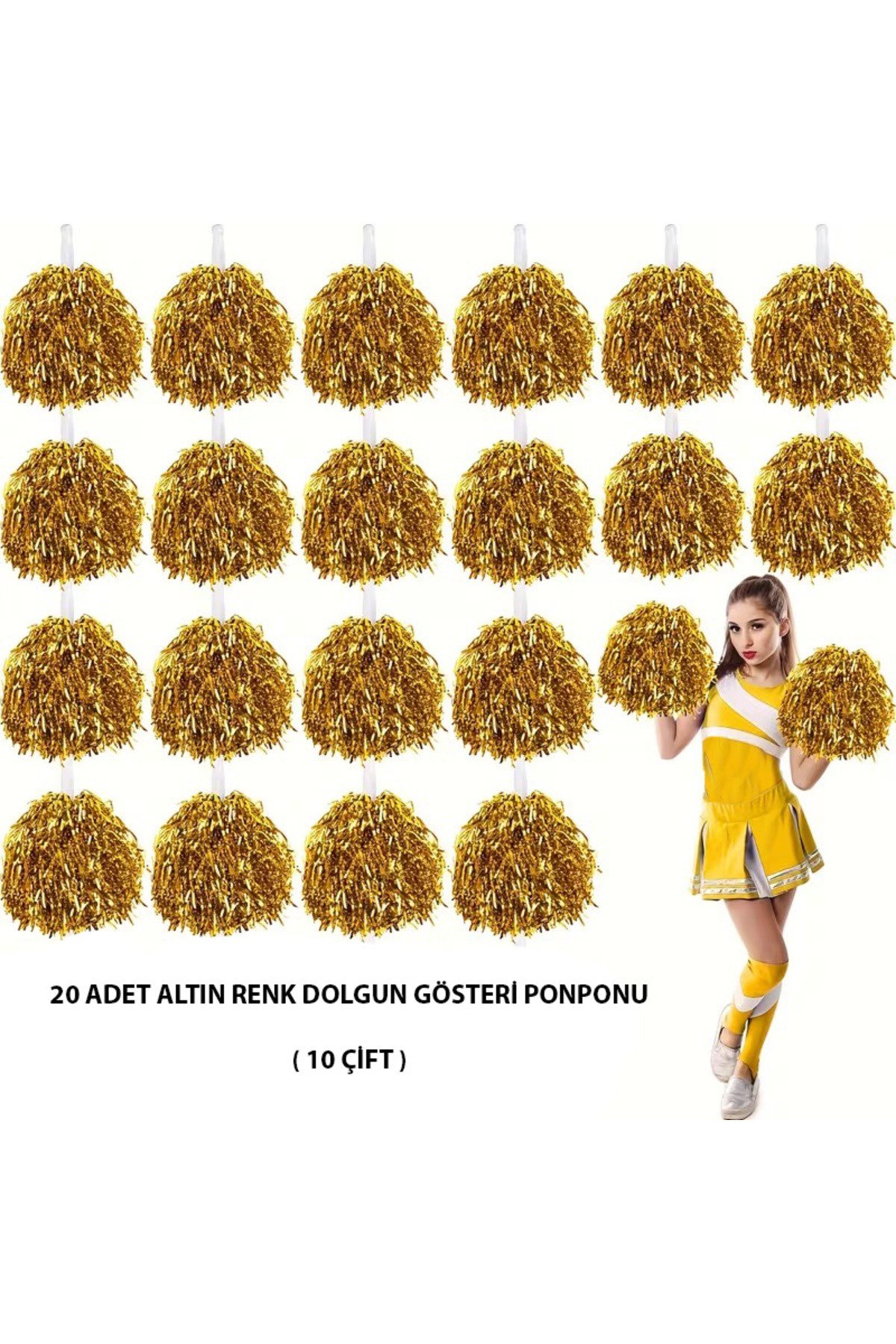 10 Çift ( 20 Adet ) Altın Renk 23 Nisan 19 Mayıs 29 Ekim Okul Gösteri Ponponları