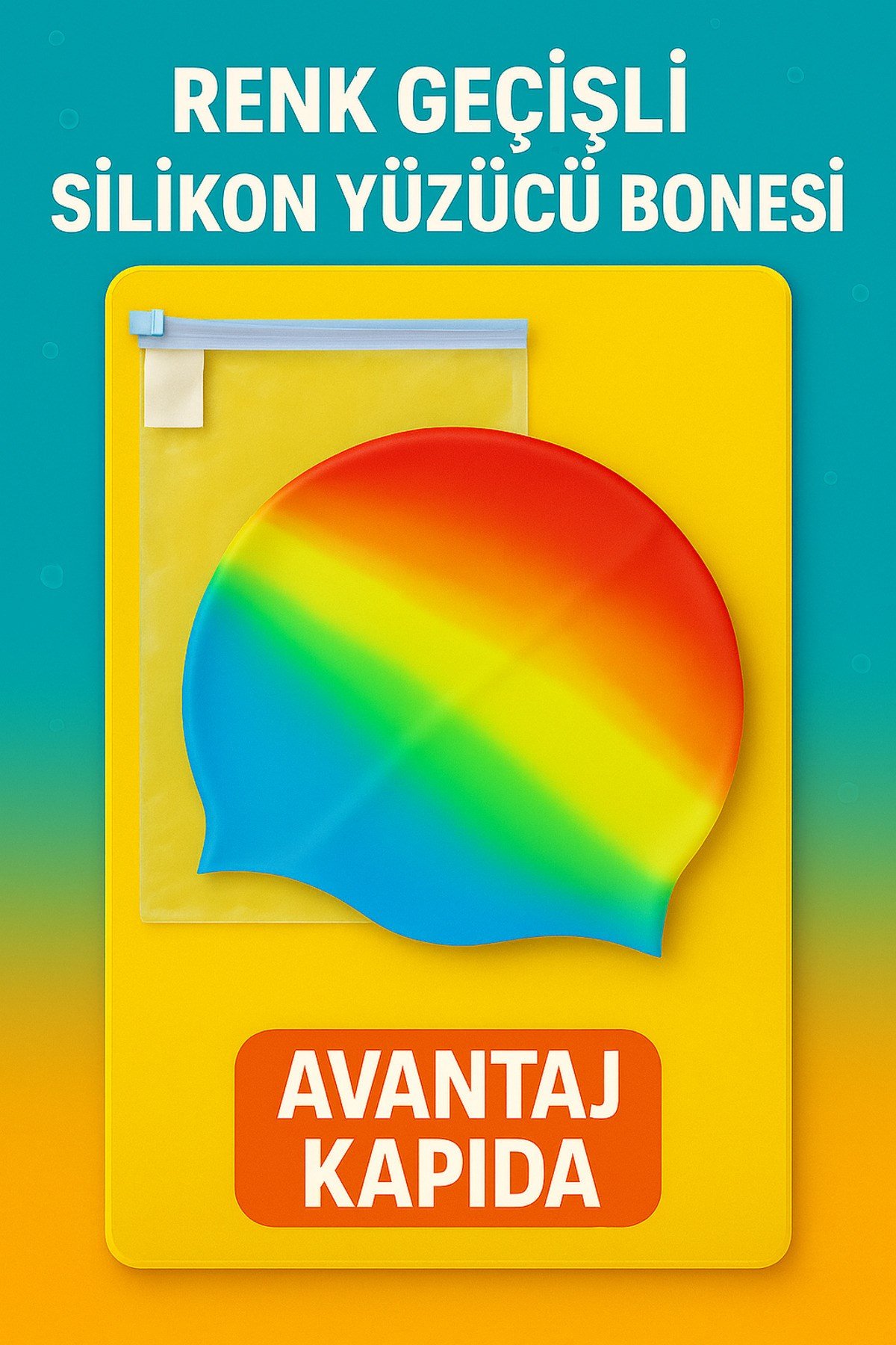 %100 Silikon Renkli Yüzücü Bonesi + Fermuarlı Askılı Poşet – Unisex | Avantaj Kapıda