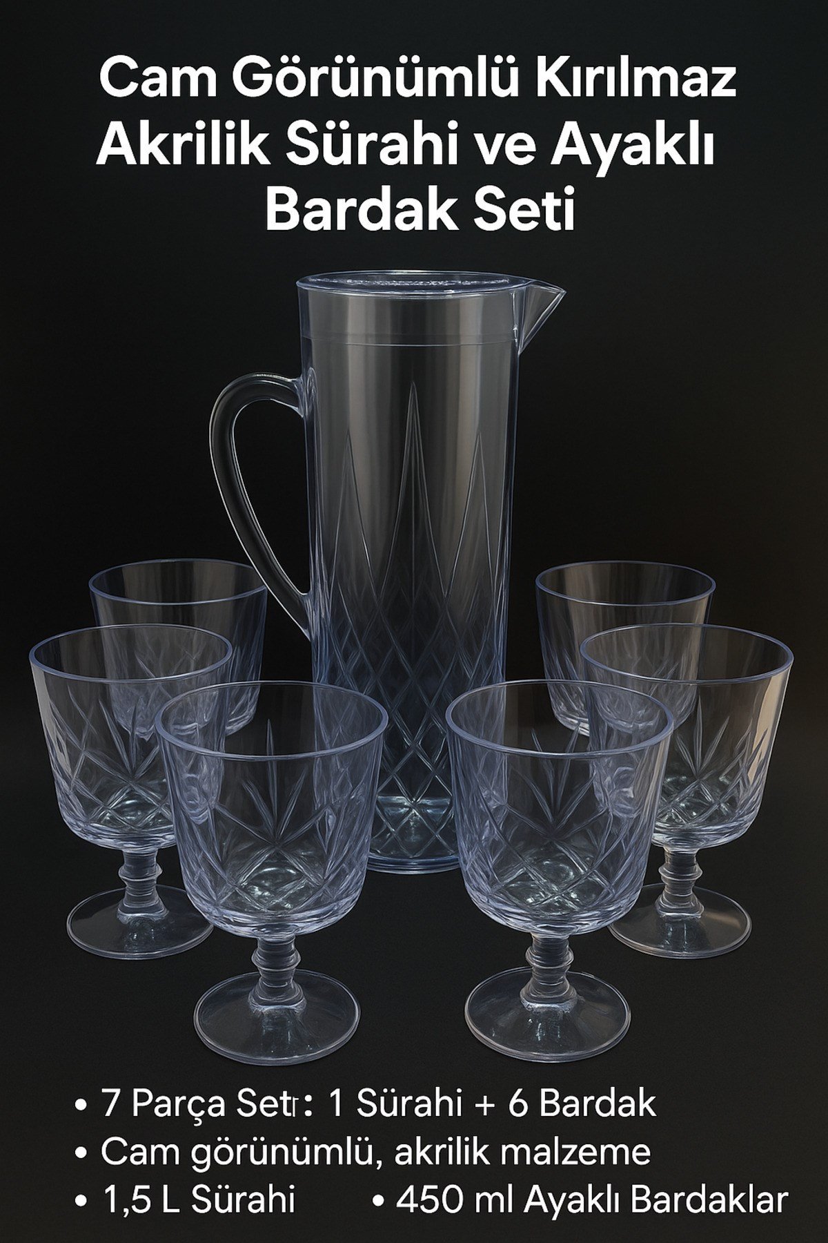 1,5 L Şeffaf Akrilik Sürahi 6’lı 450 ml Ayaklı Bardak Seti Cam Görünümlü Çeyizlik Ev İşyeri