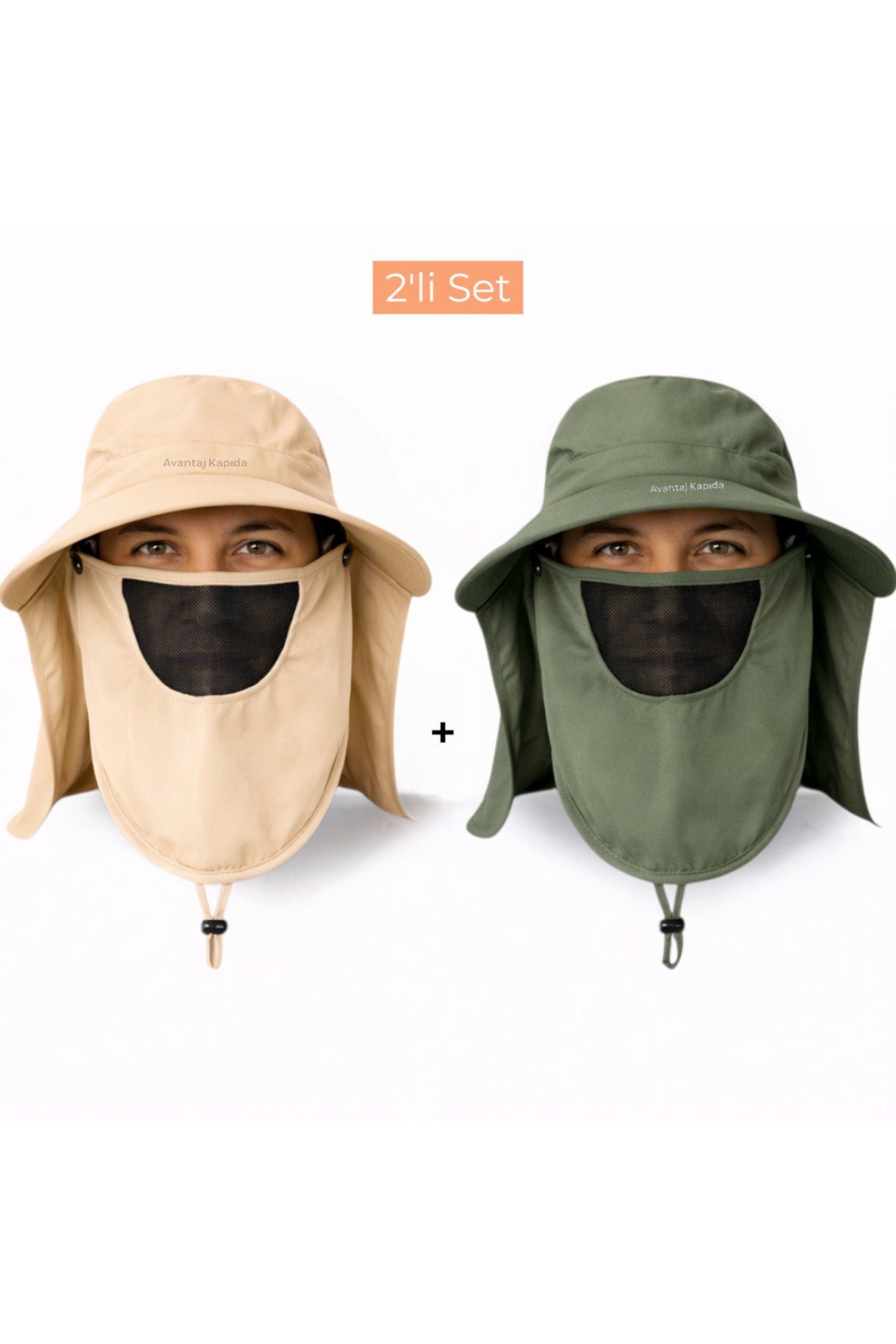 2'li Set Güneş Korumalı Sök Tak Maskeli Unisex Enseli Güneş Şapkası Outdoor Kamp Balıkçı Tarla