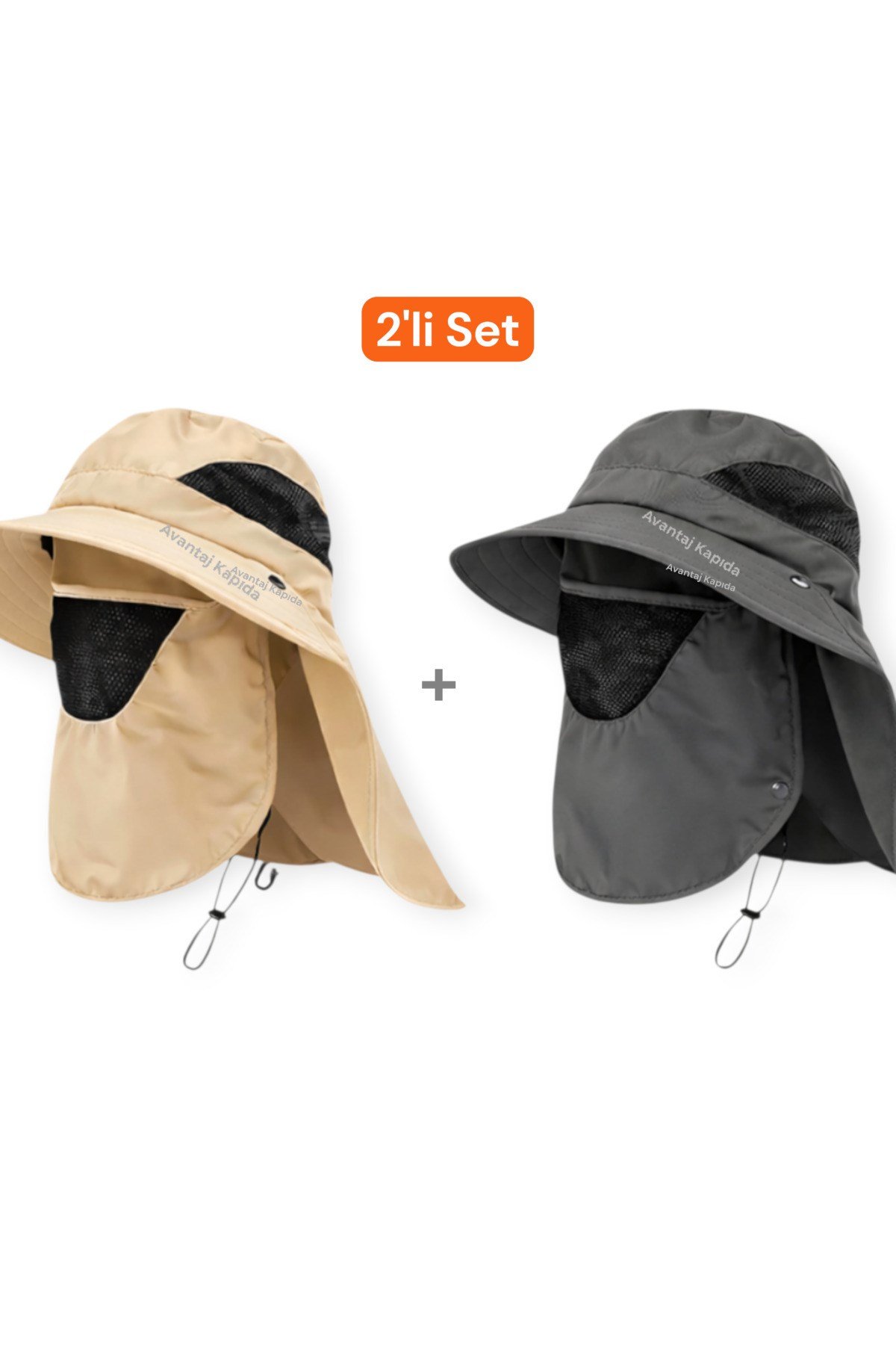 2'li Set Güneş Korumalı Sök Tak Maskeli Enseli Güneş Şapkası Unisex Outdoor Yazlık Şapka Krem