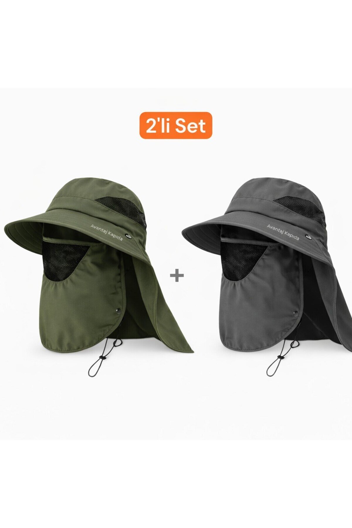 2'li Set Güneş Korumalı Sök Tak Maskeli Enseli Güneş Şapkası Unisex Outdoor Yazlık Şapka Krem