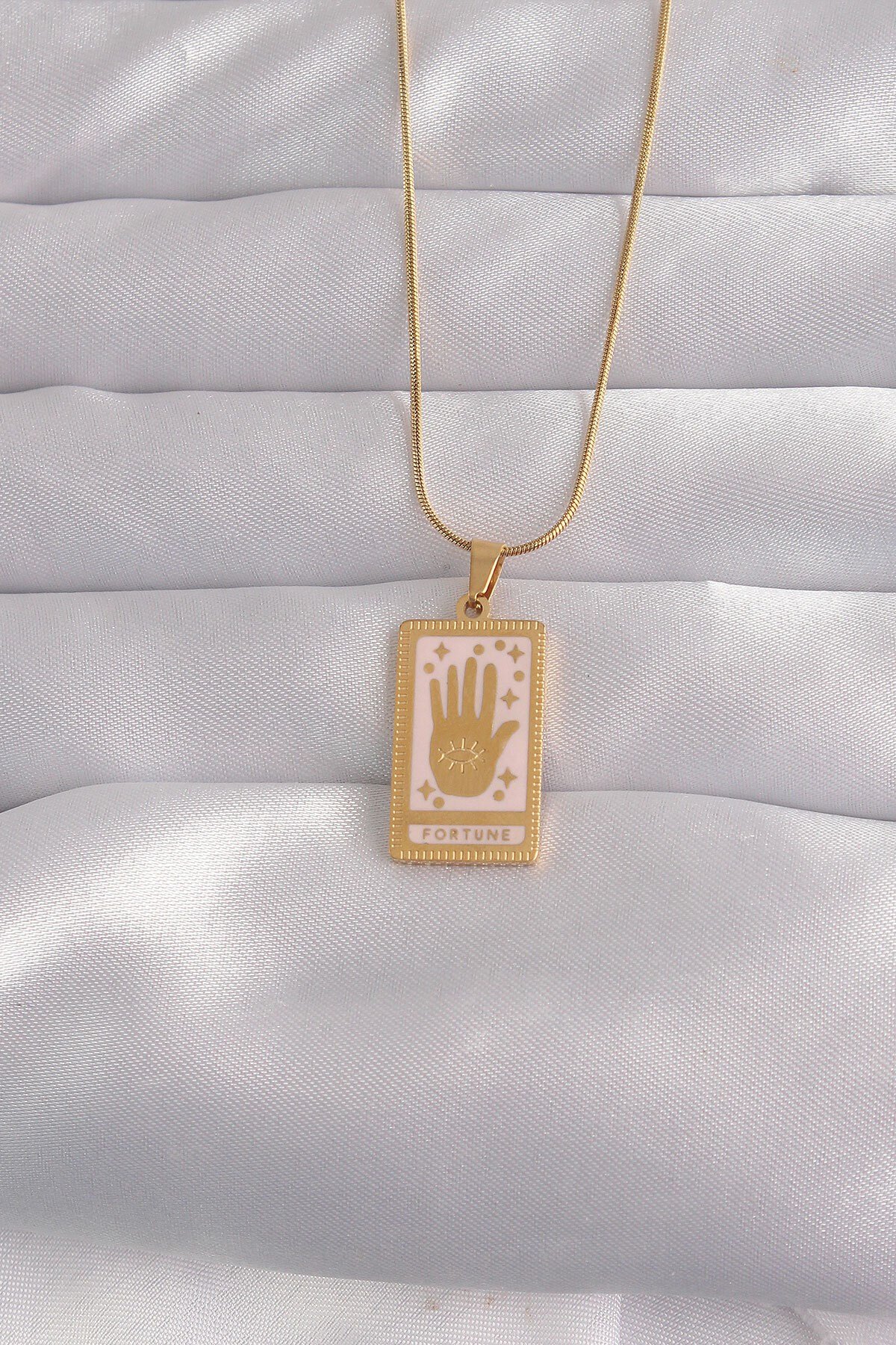 316L Çelik Gold Renk Pembe Mineli El Figür Tarot Kolye