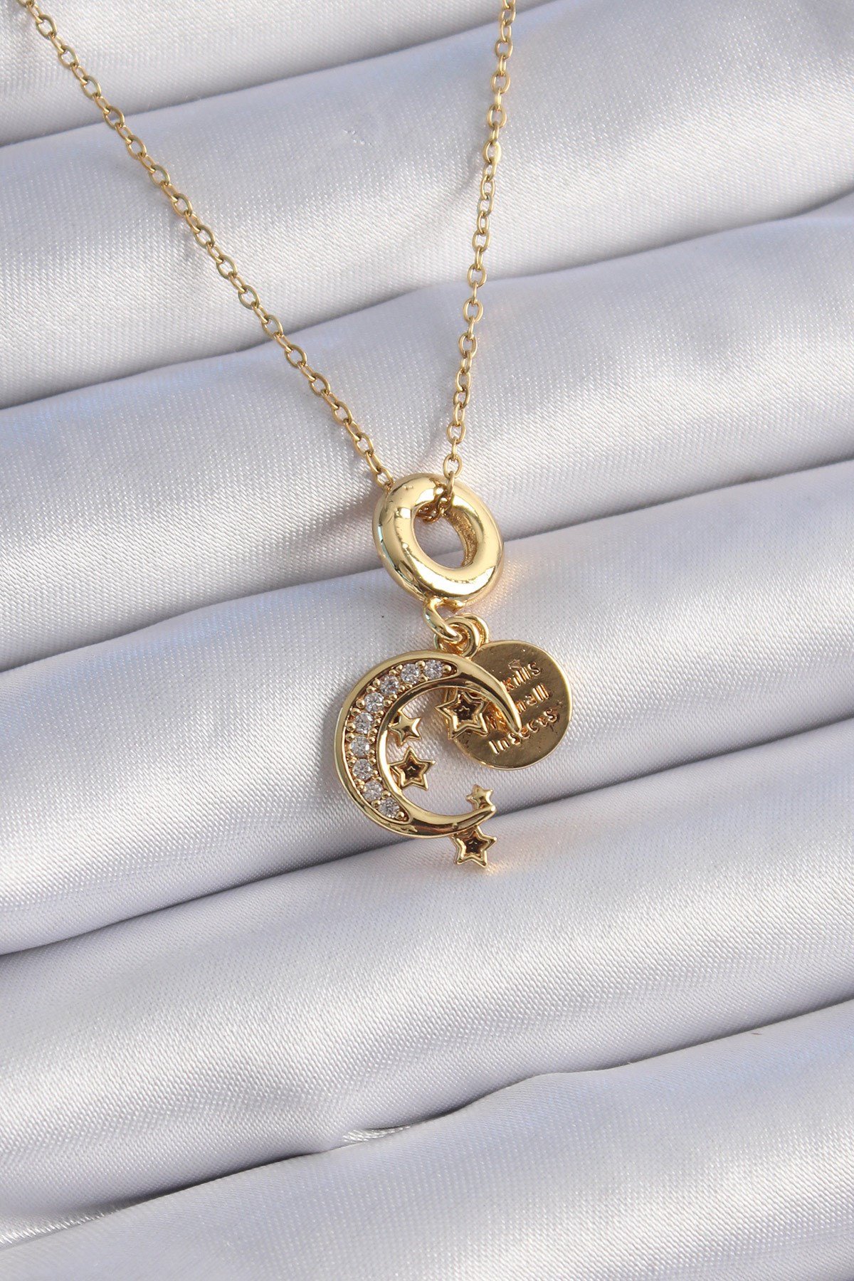 316L Çelik Gold Renk Zirkon Taşlı Ay Yıldız Model Charm Model Kadın Kolye