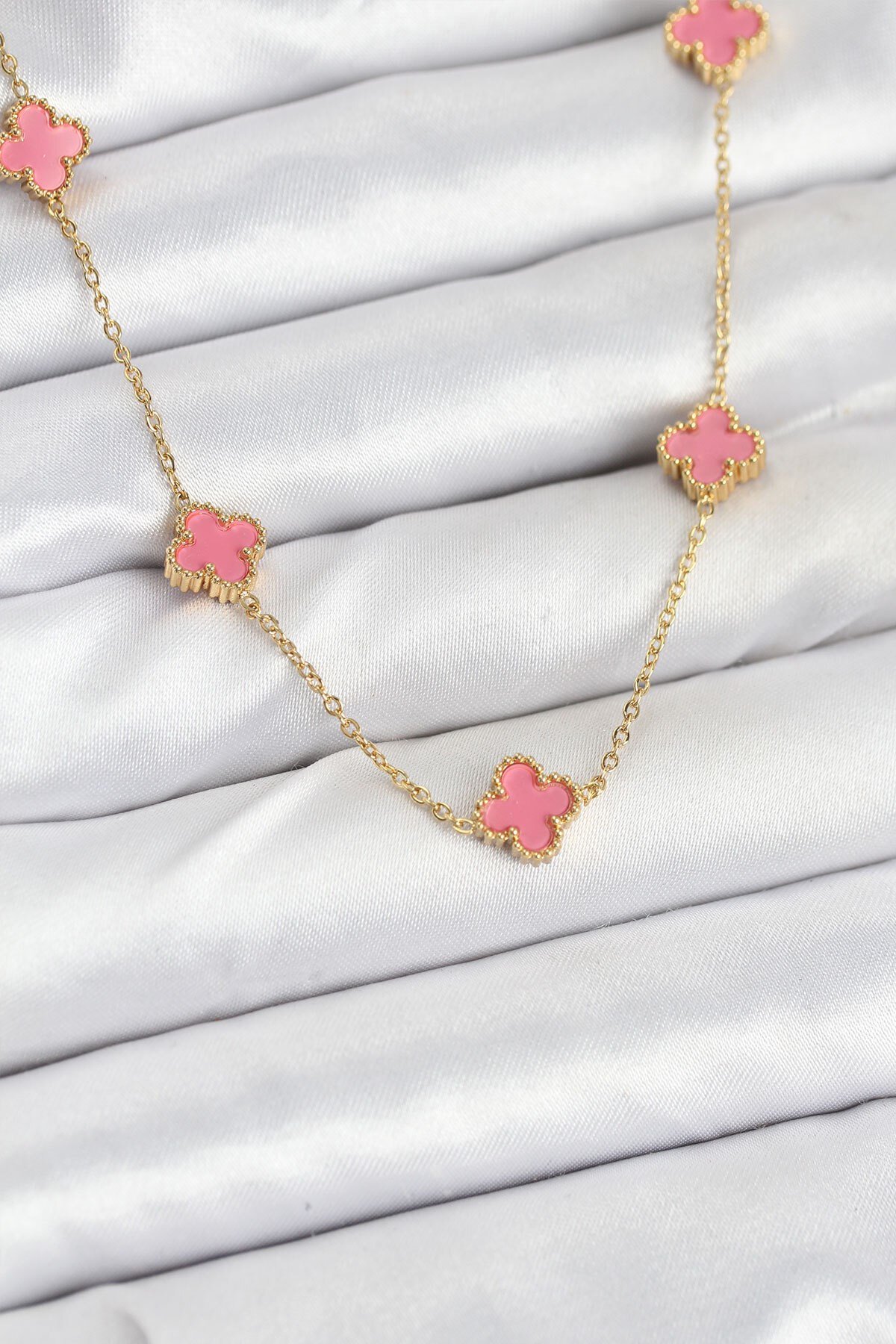 316L Çelik Zincir Gold Renk Pembe Baby Boy Yonca Kadın Kolye