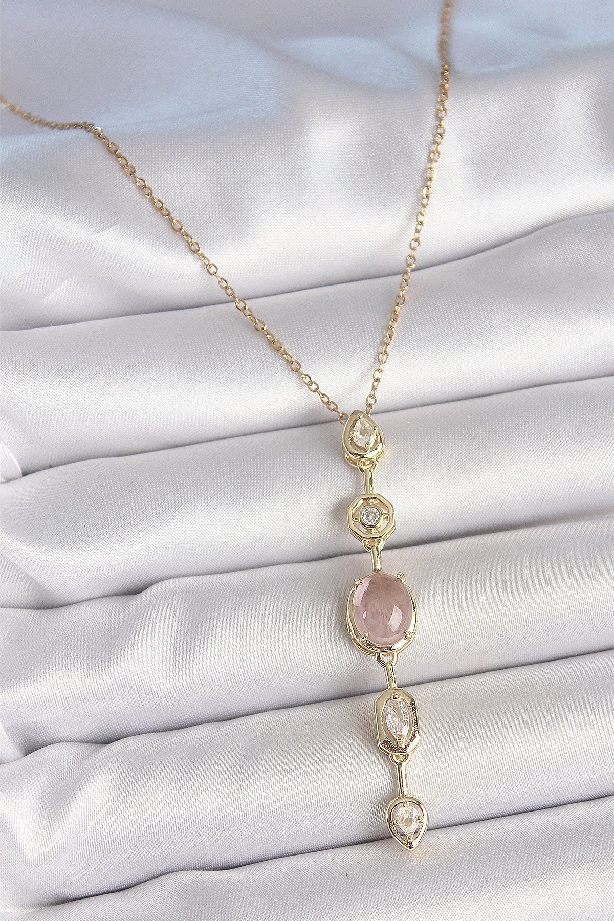 316L Çelik Zincir Gold Renk Pembe Zirkon Taşlı Y Kolye
