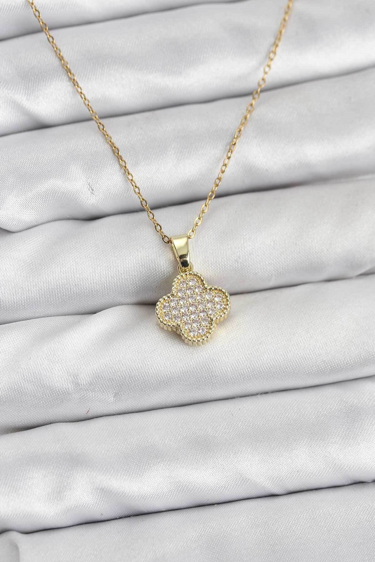 316L Çelik Zincir Gold Renk Zirkon Taşlı Yonca Model Kadın Kolye