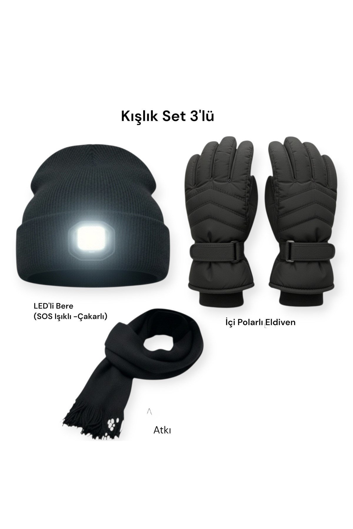 3'lü Kış Seti: Kar Kayak Eldiveni + Şarjlı LED Fenerli Bere + Triko Atkı (S/M-L-XL Beden)