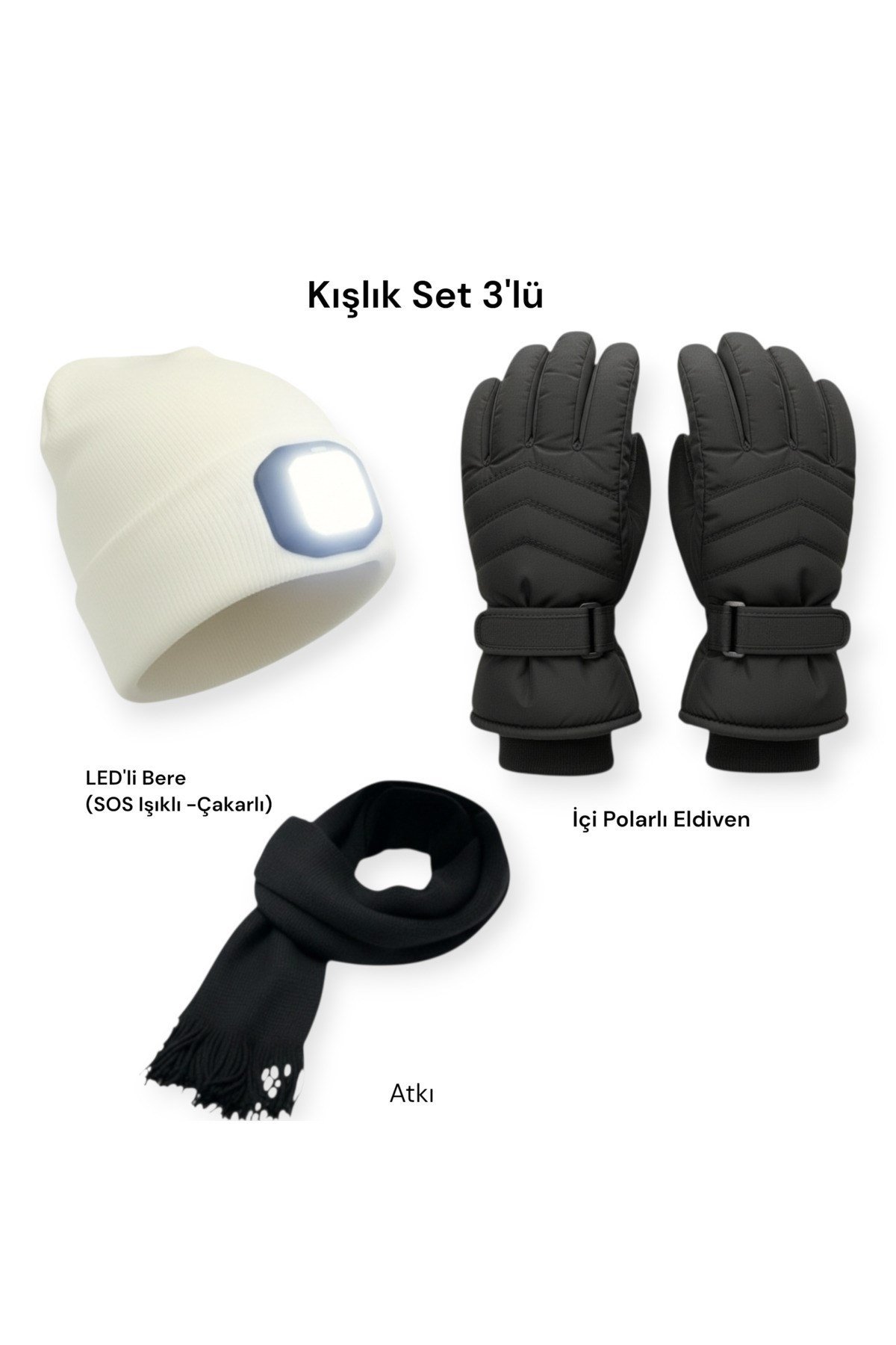 3'lü Kış Seti: Kar Kayak Eldiveni + Şarjlı LED Fenerli Bere + Triko Atkı (S/M-L-XL Beden)